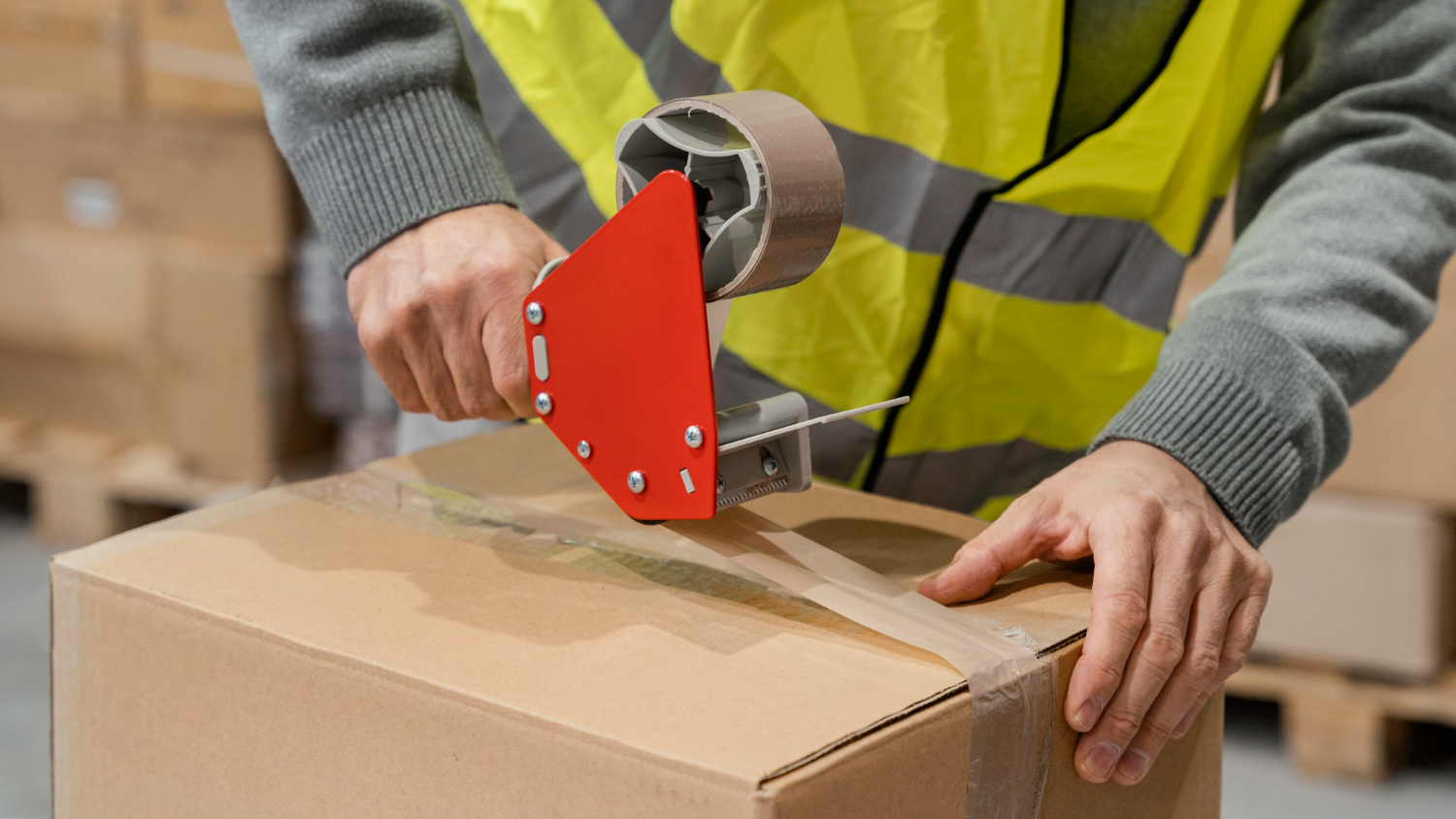 Person sealing a cardboard box with packaging tape.