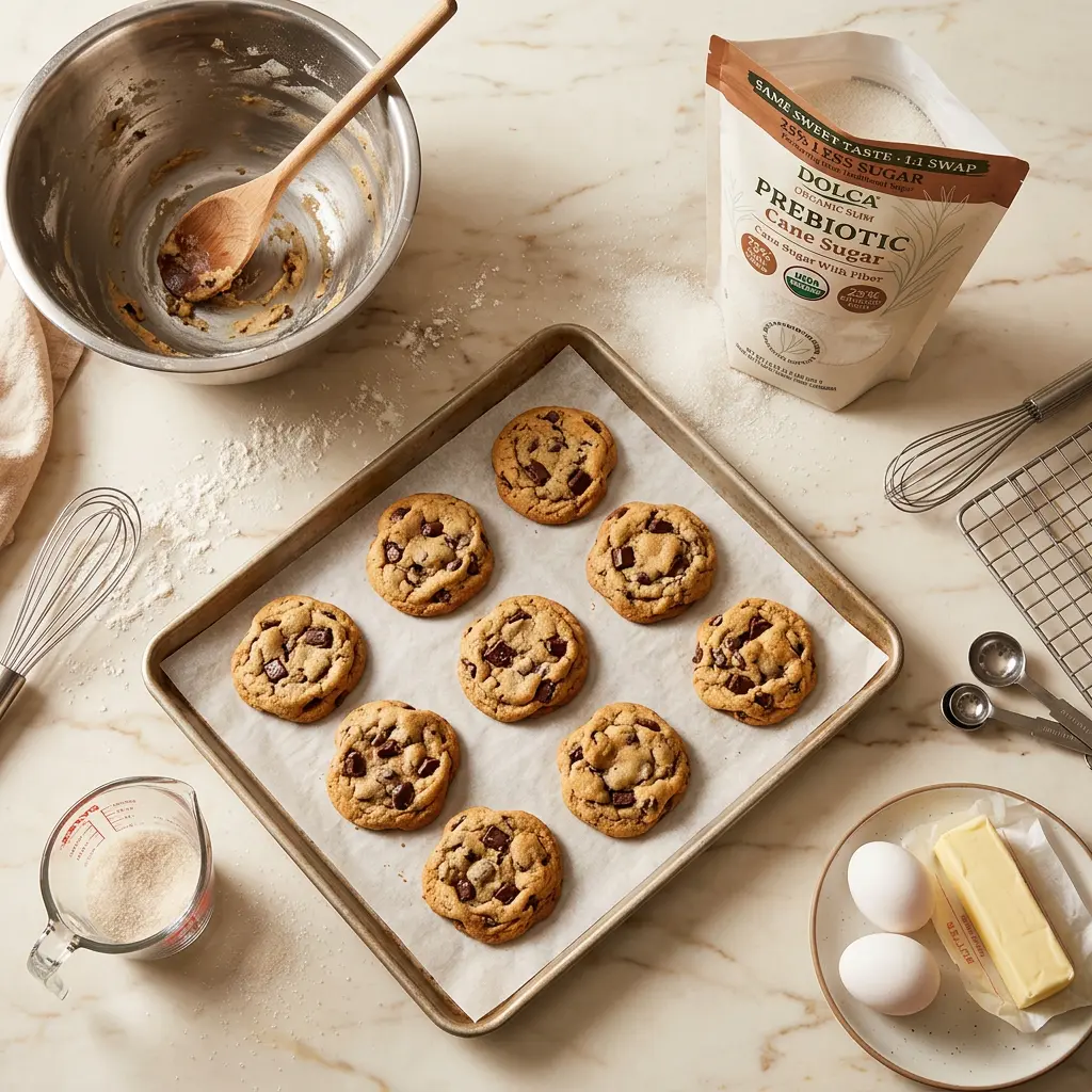 A baking sheet of chocolate chip cookies on a marble counter with baking ingredients like sugar and eggs.