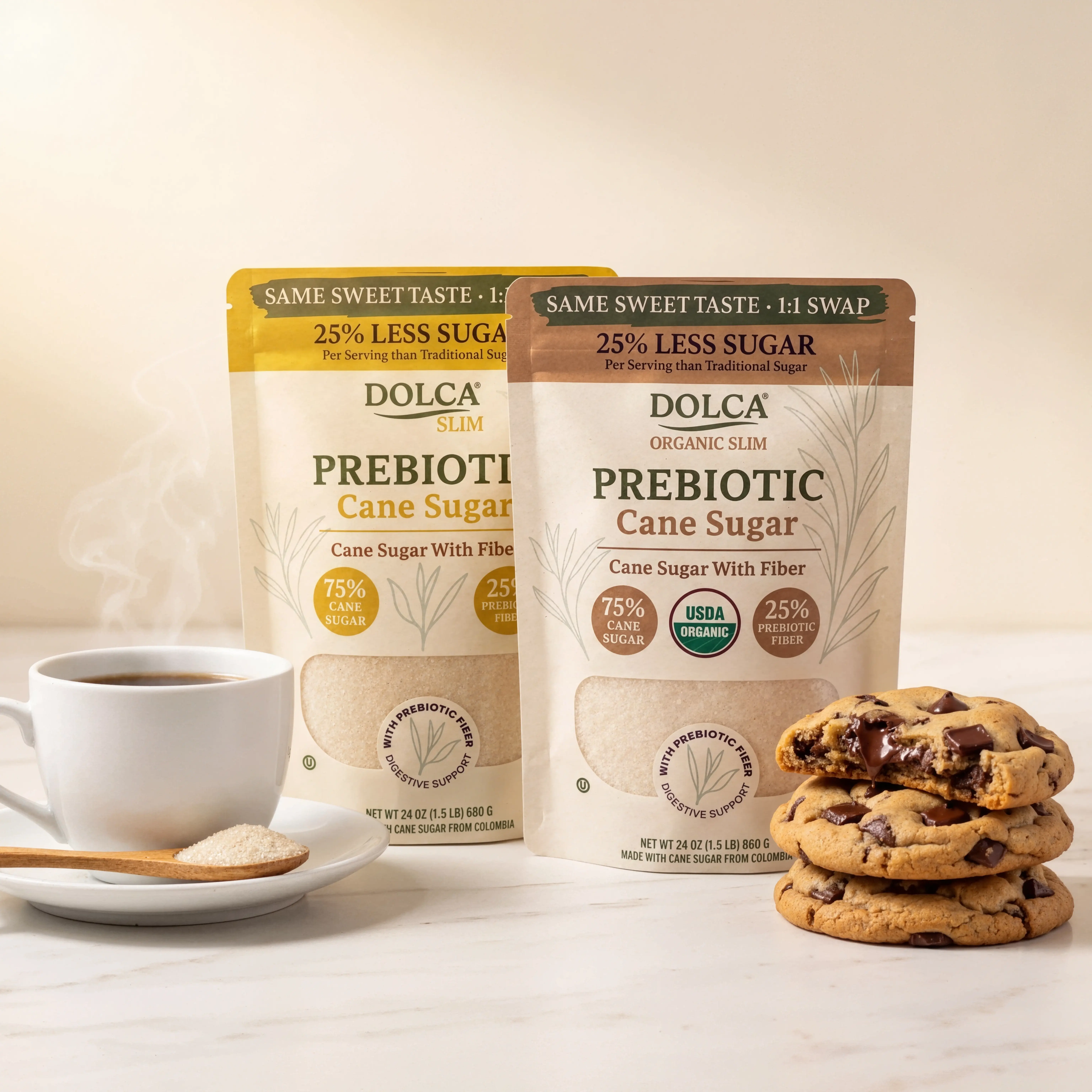 Two bags of Dolca Prebiotic Cane Sugar next to a steaming cup of coffee and chocolate chip cookies.