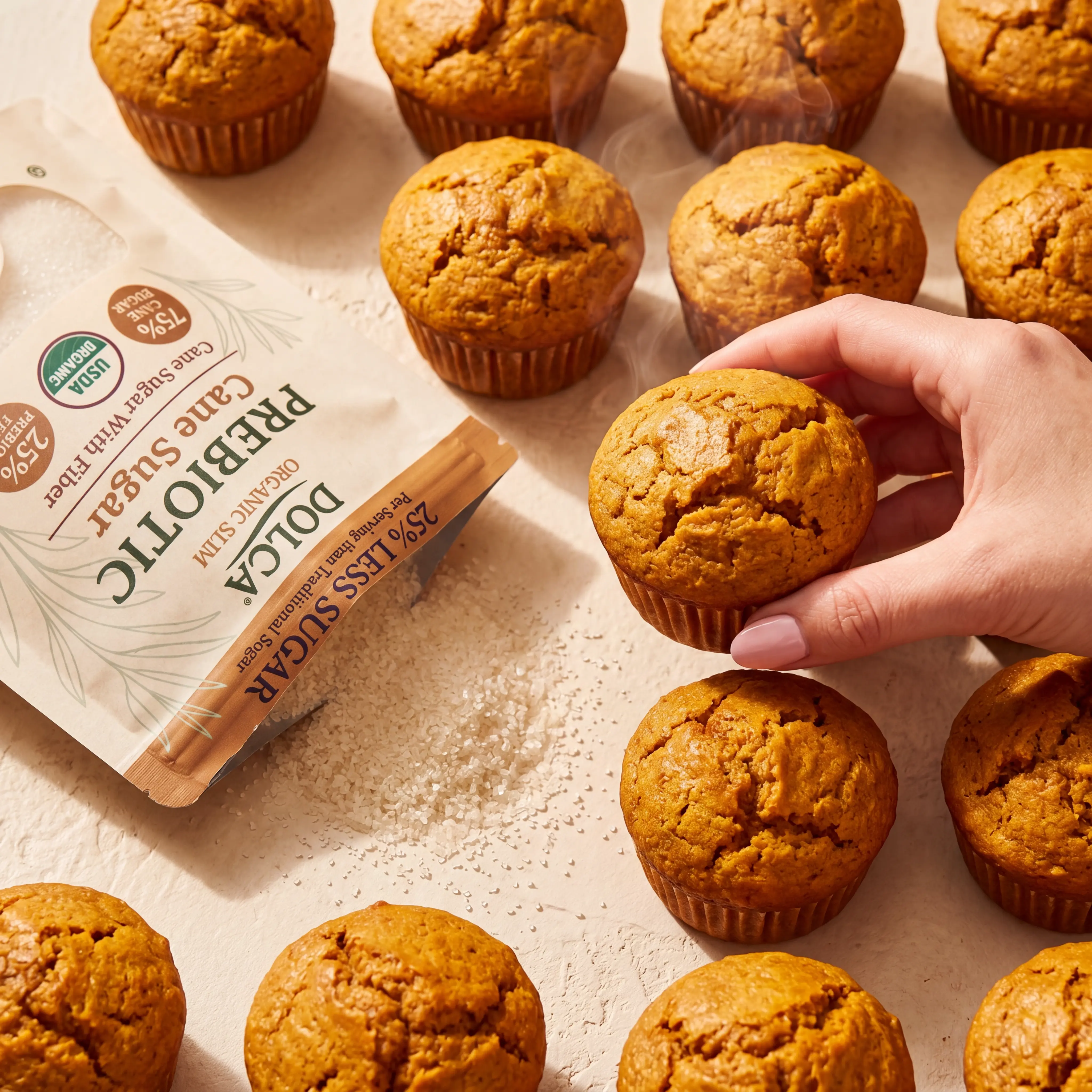 A hand picks up a steaming muffin from a batch next to a packet of prebiotic cane sugar.