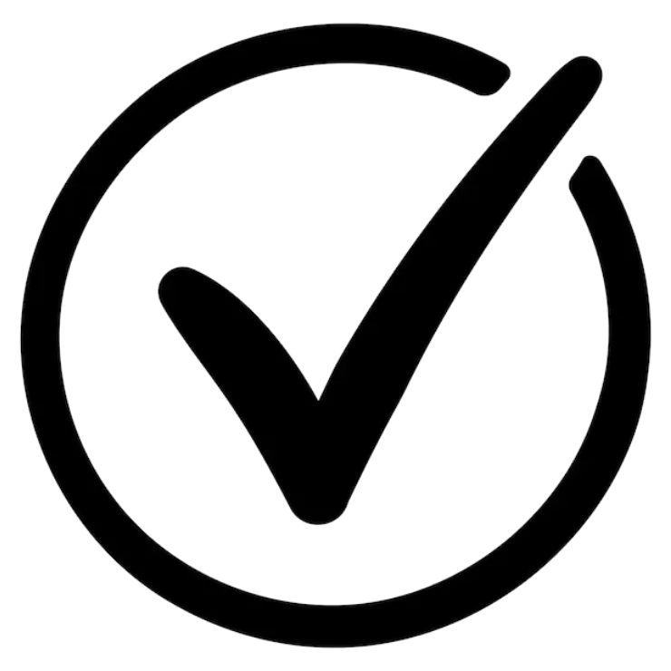 A black checkmark icon inside a circle.