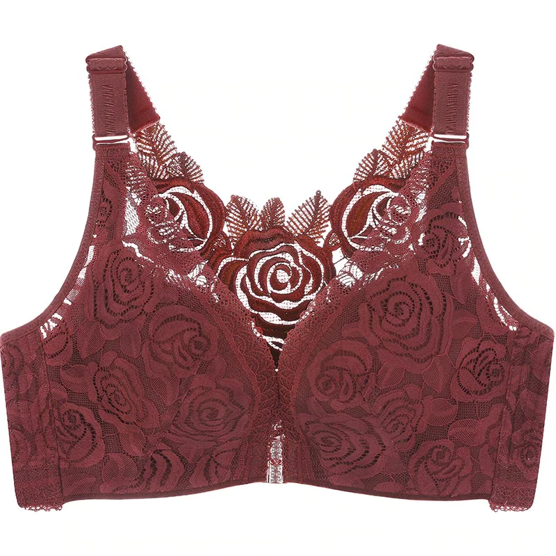 Elegant wine-red lace bra with floral rose patterns and intricate detailing.
