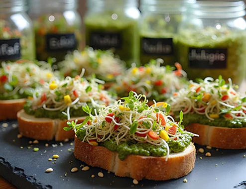 Fresh broccoli sprouts piled on avocado toast