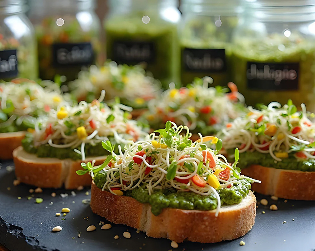 Toasts topped with fresh sprouts in front of glass sprouting jars