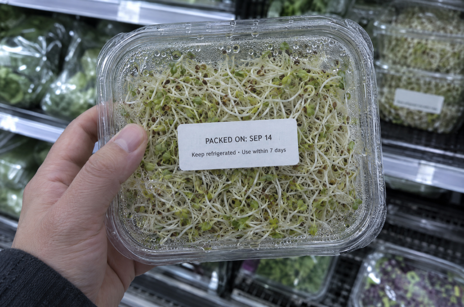Hand holding a plastic tub of store-bought sprouts in a grocery aisle