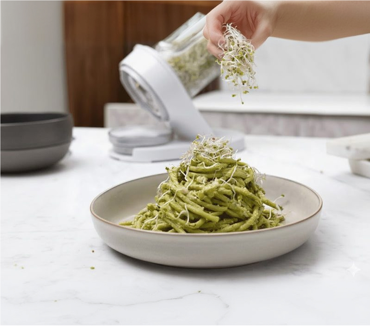 Fresh sprouts sprinkled from the sprouter onto a plate of pasta