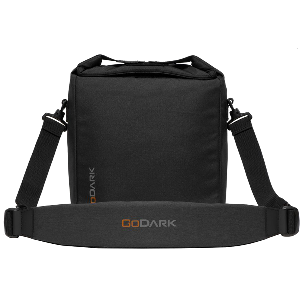 A black GoDark brand shoulder bag with a padded strap, shown from the back against a white background.