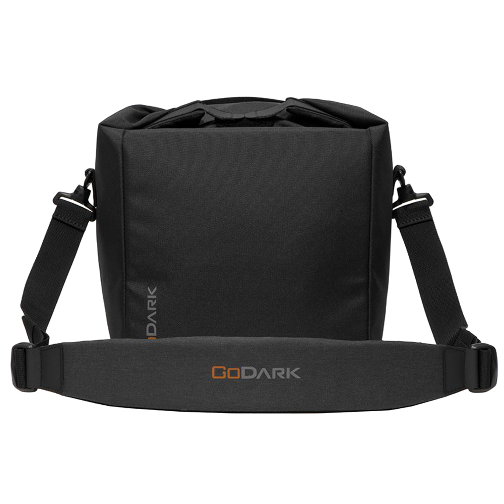 A black GoDark camera bag with a shoulder strap, seen from the back against a white background.