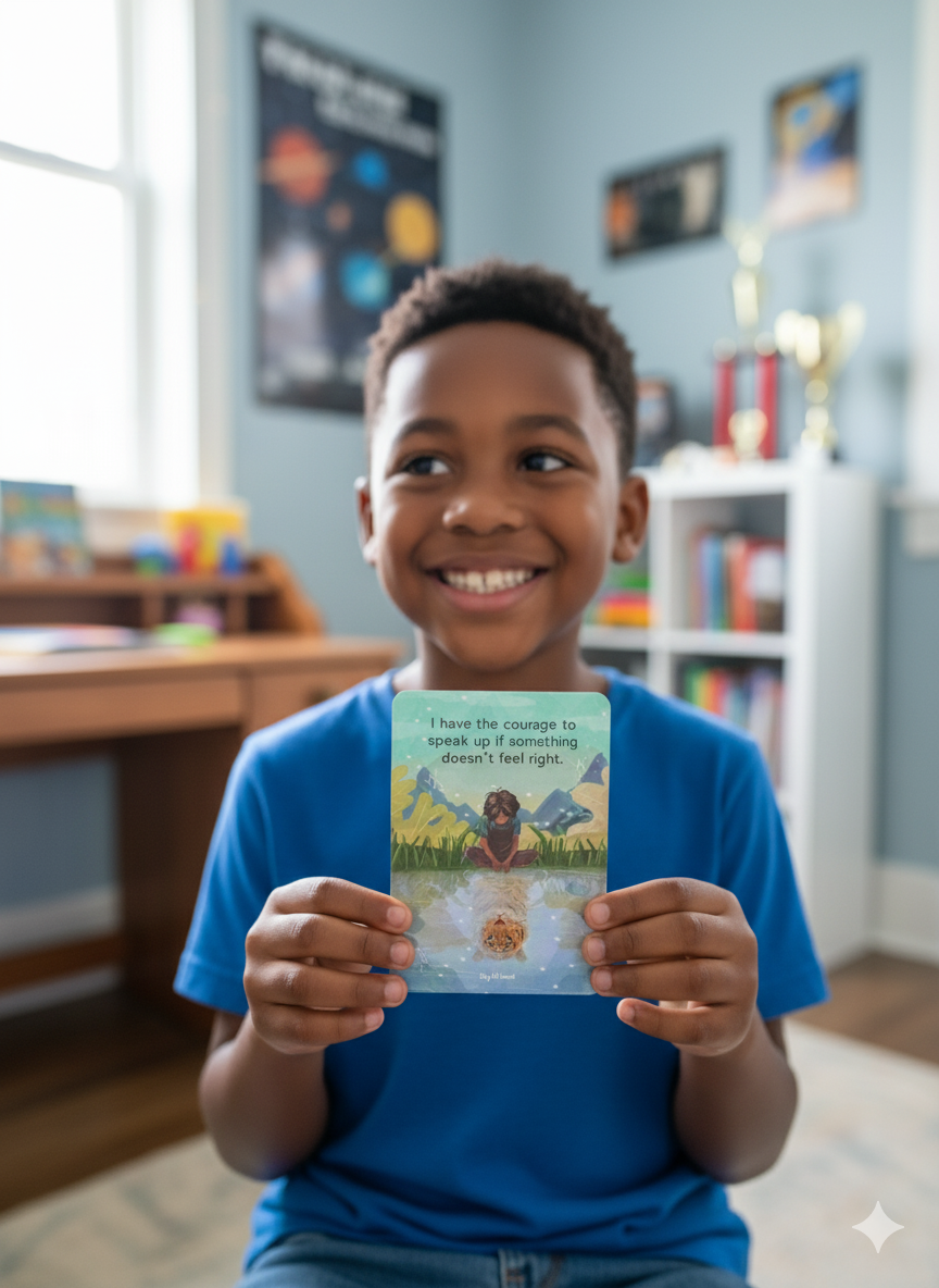 A smiling young boy in a blue shirt holds up an illustrated affirmation card in his room.