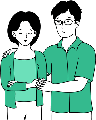 A line drawing of a man with glasses comforting a sad woman by putting his arm around her.