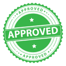 A green, circular stamp with the word 'APPROVED' repeated several times on it.