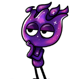 A cartoon character with a purple galaxy pattern and flame-shaped head, looking bored with a hand on its chin.