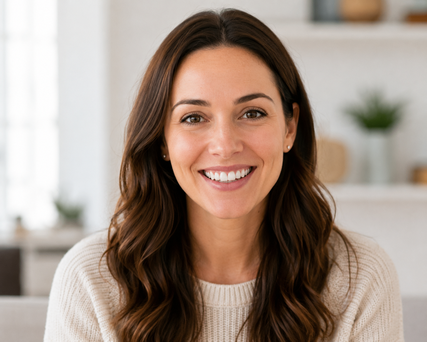 A smiling woman with long, wavy brown hair and brown eyes looks directly at the camera.