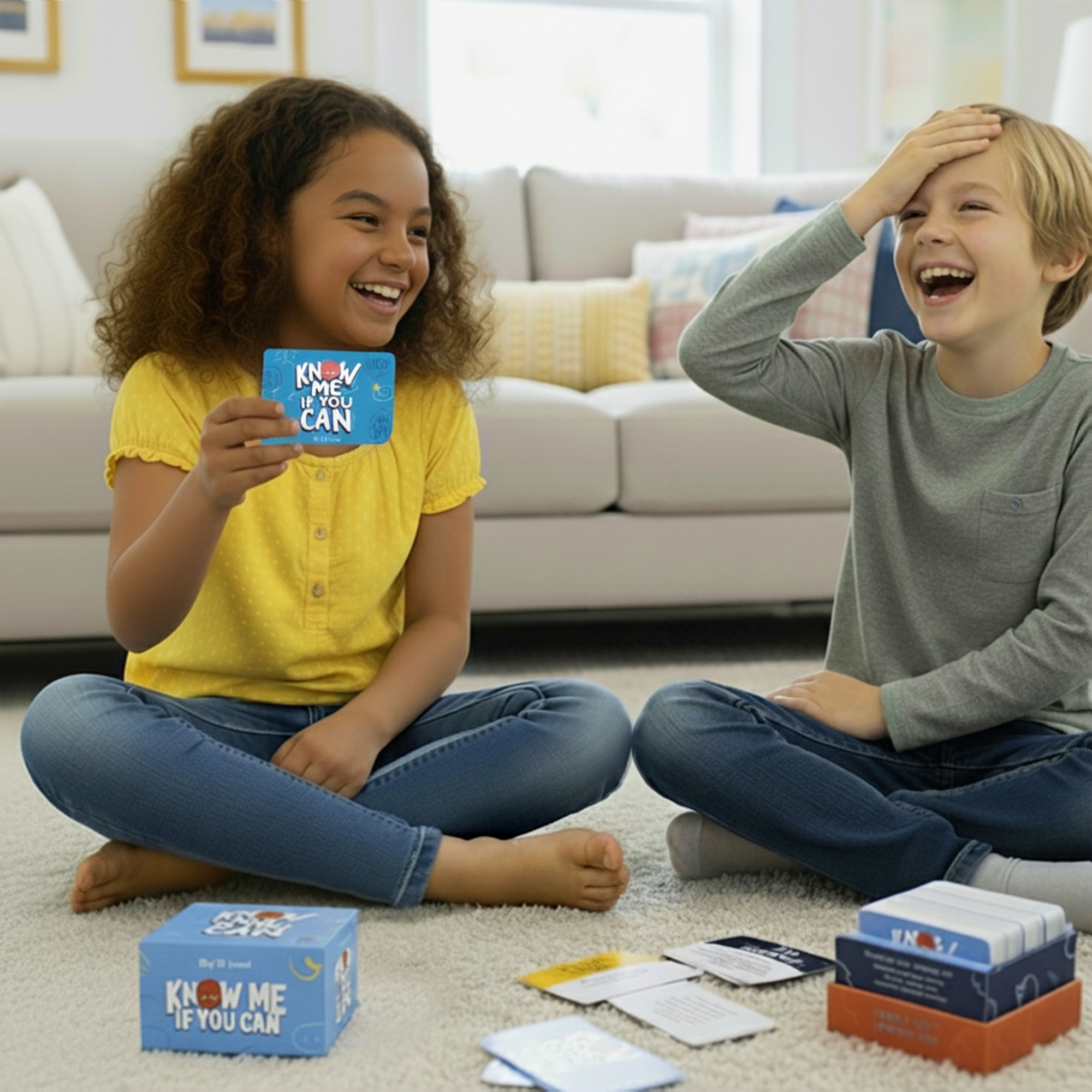 Two children sit laughing on the floor while playing the 'Know Me If You Can' card game.