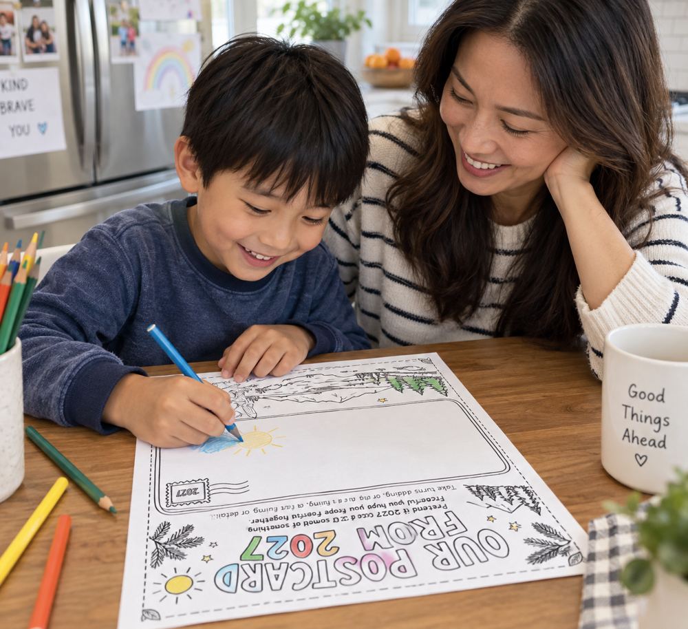 A smiling woman watches a young boy coloring a postcard at a wooden table in a kitchen.