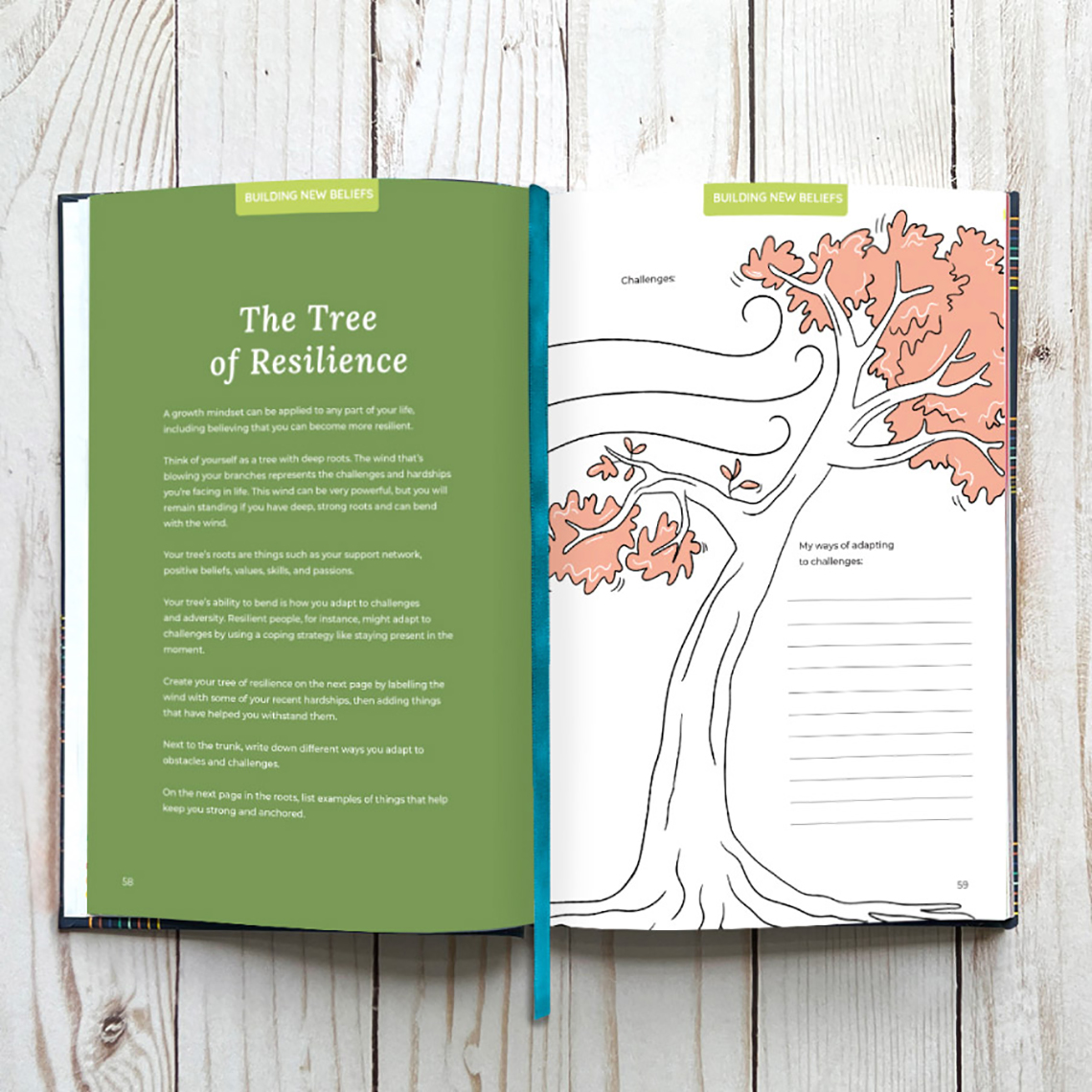An open workbook showing 'The Tree of Resilience' exercise with a drawing of a tree.