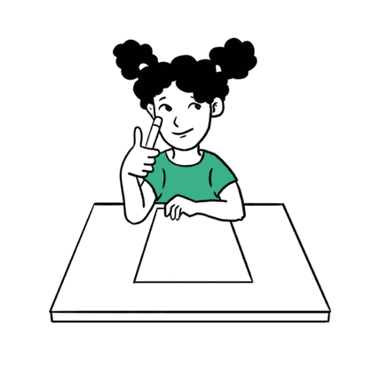 A line drawing of a girl in a green shirt, sitting at a desk and holding a marker.
