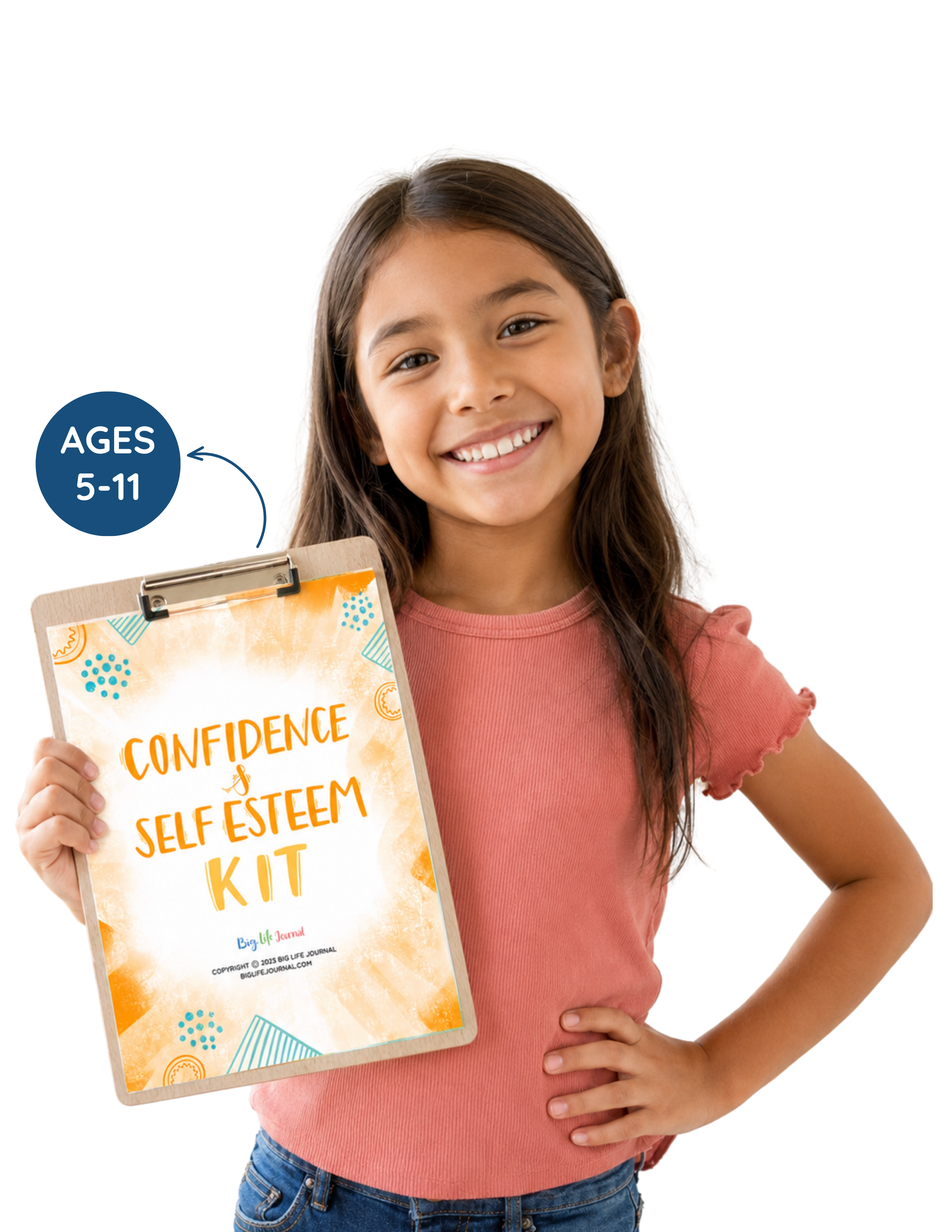 A smiling young girl holds a clipboard that reads 'Confidence & Self Esteem Kit'.