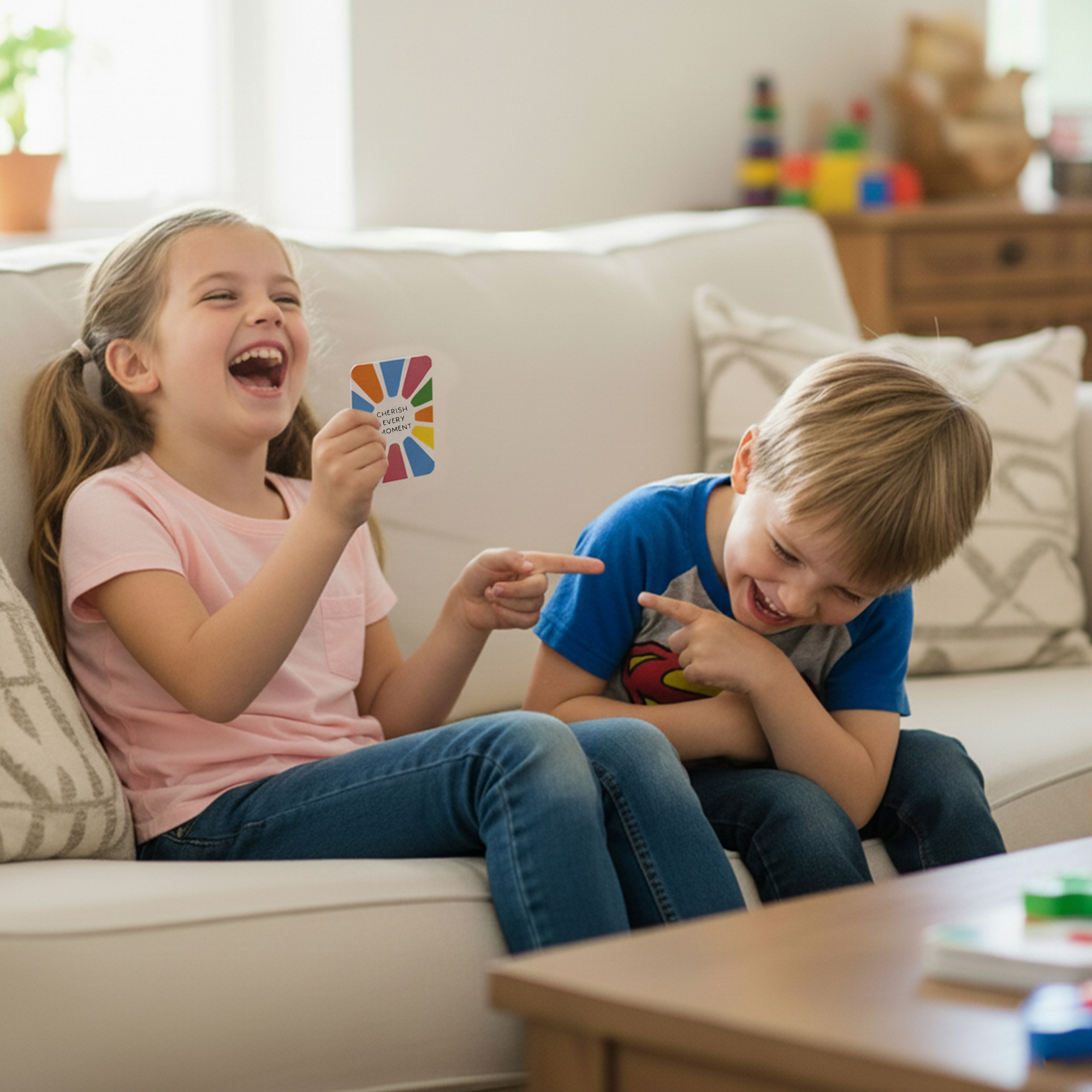 A young girl and boy sit on a couch, laughing and pointing at each other while playing a card game.