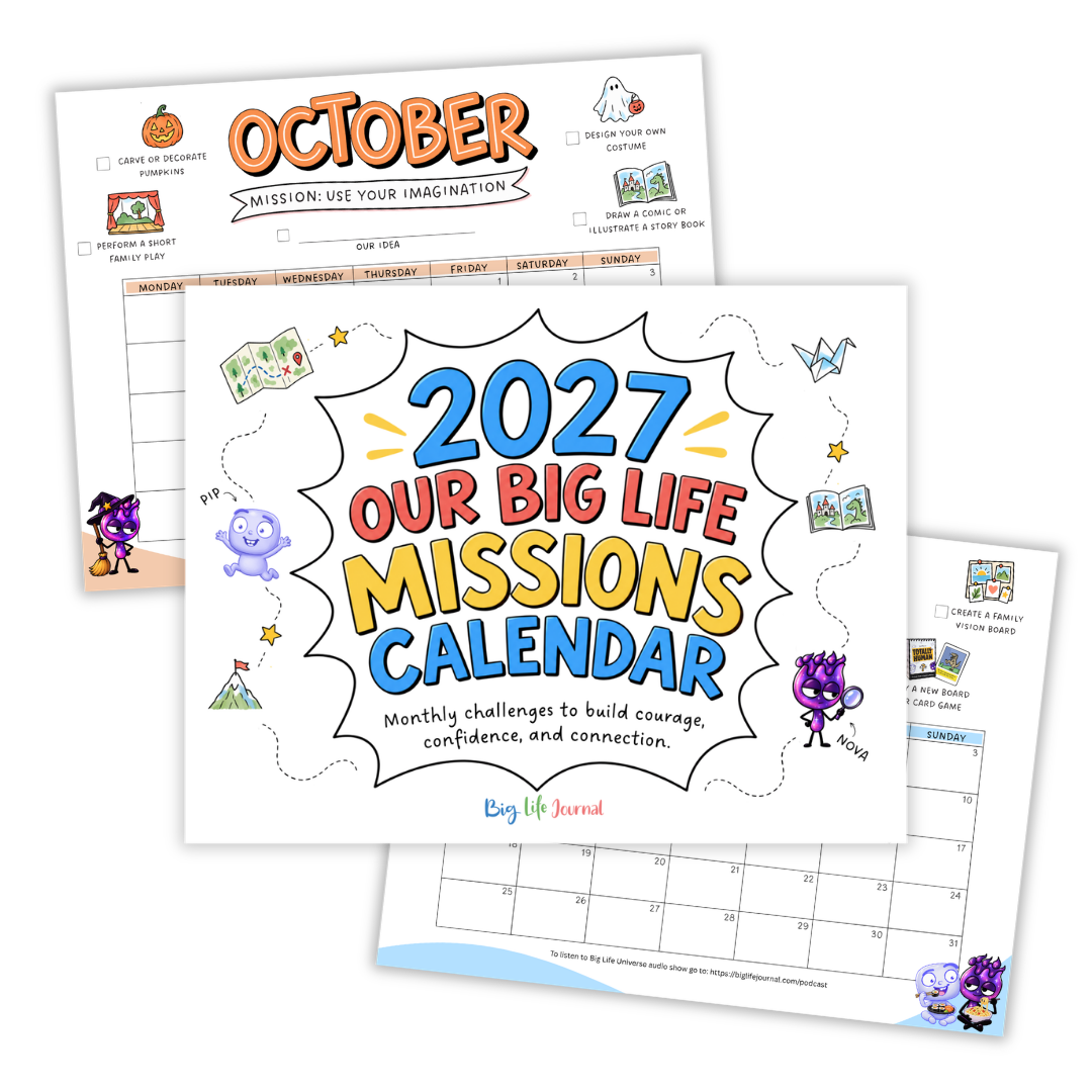 Illustrated pages from the '2027 Our Big Life Missions Calendar' by Big Life Journal, showing October activities.
