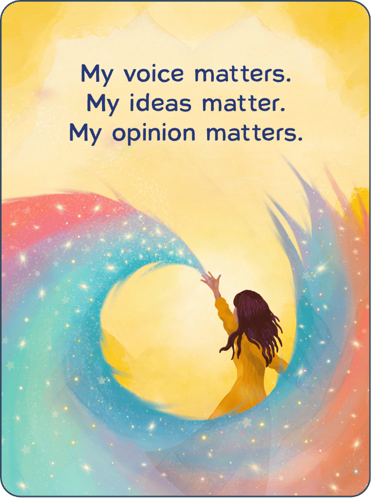 Illustration of a person creating a sparkling rainbow swirl, with text reading: 'My voice matters. My ideas matter. My opinion matters.'