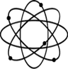 A black and white line drawing of an atom symbol with electrons in elliptical orbits around a nucleus.