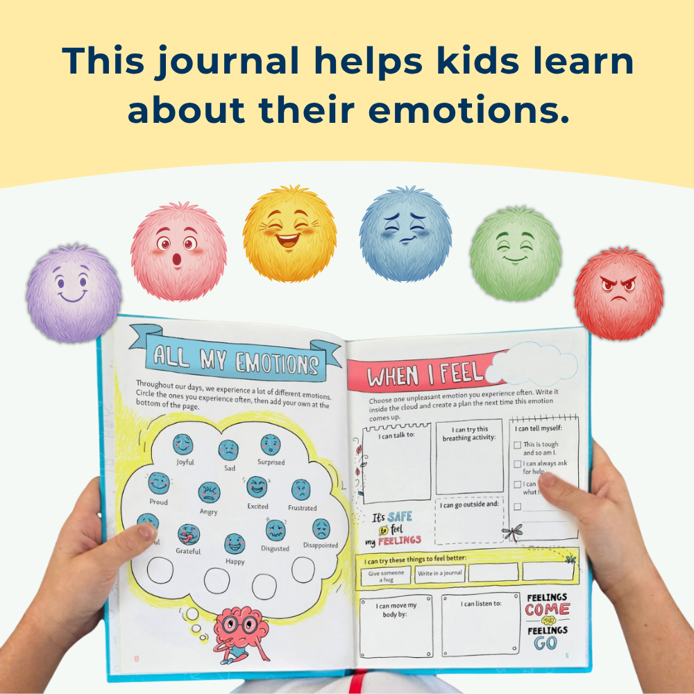 A child's hands hold open a journal with colorful illustrations and activities about emotions.