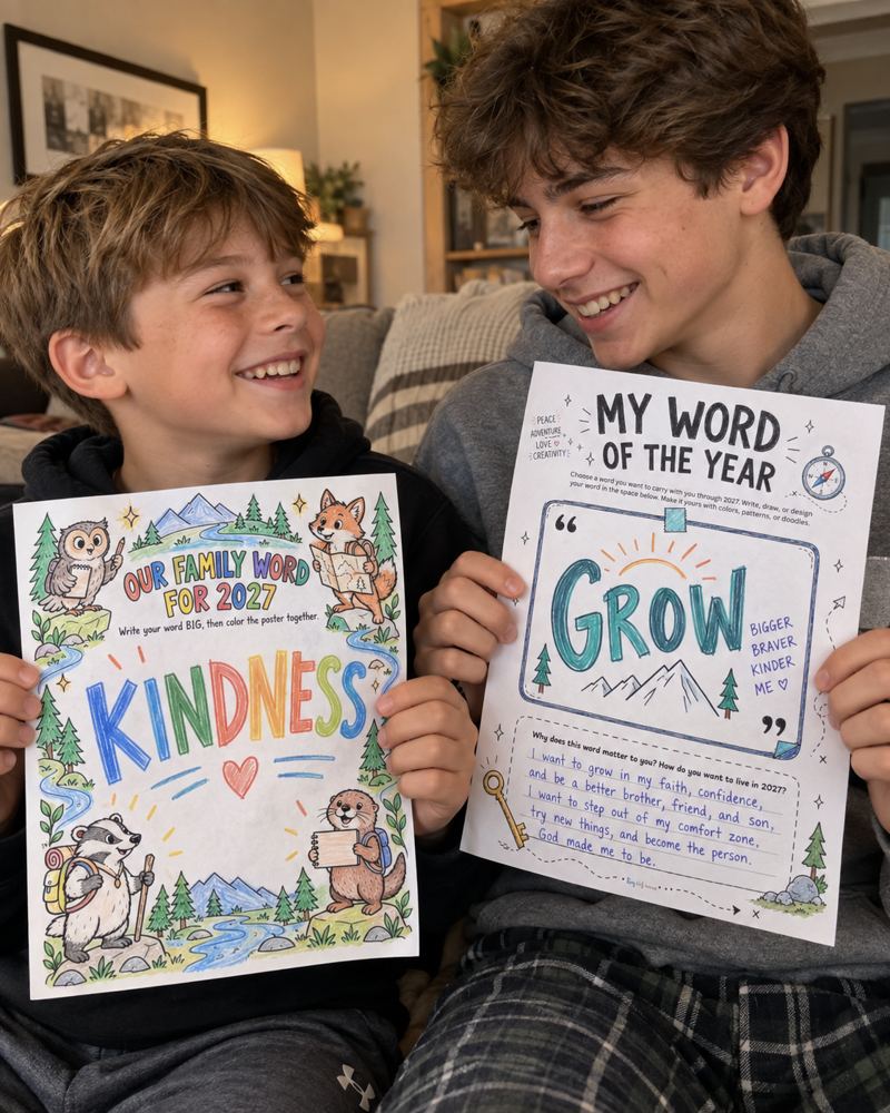 Two smiling boys hold up their completed 'Word of the Year' coloring sheets with the words 'Kindness' and 'Grow'.