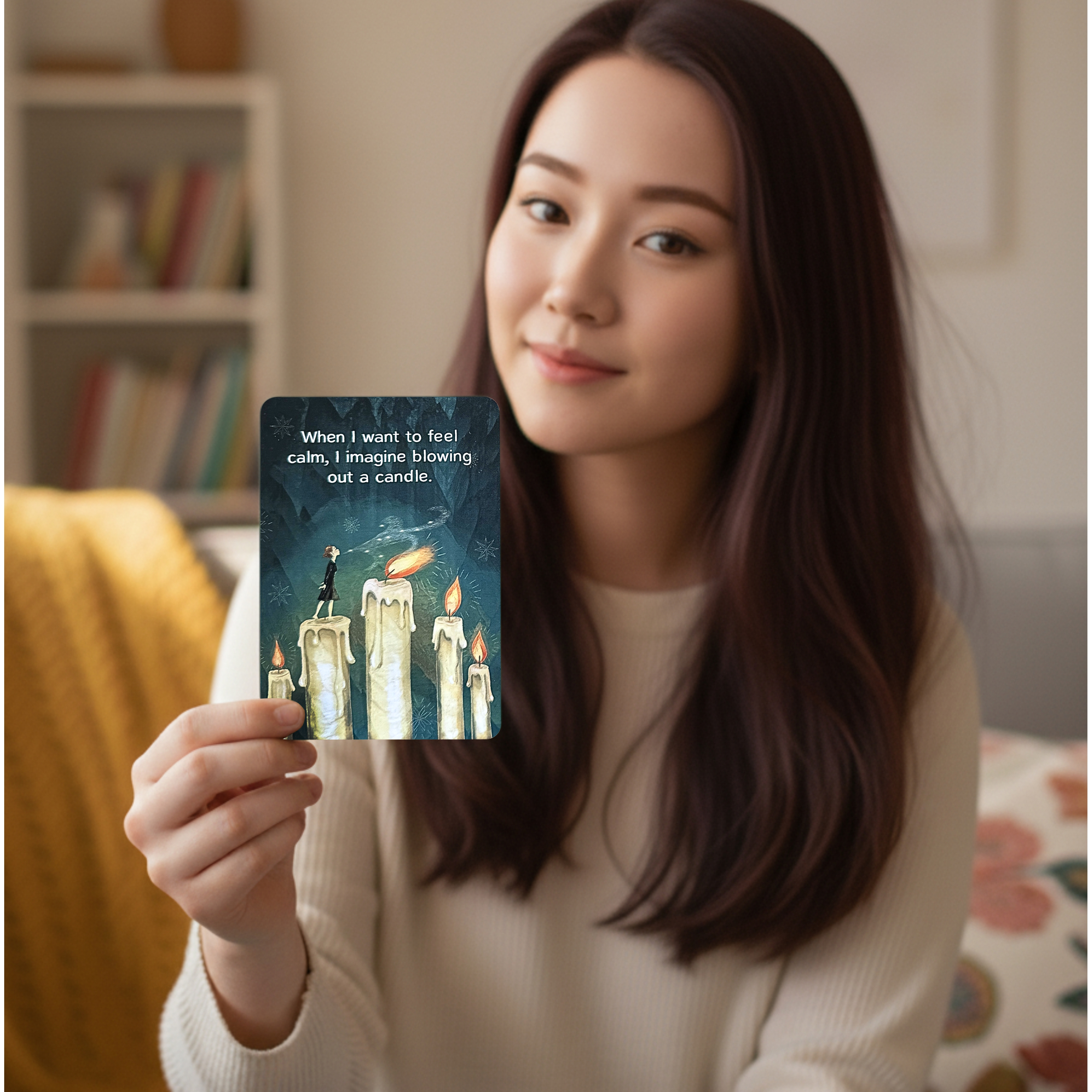 A woman holds up a card with an illustration and a message about feeling calm.