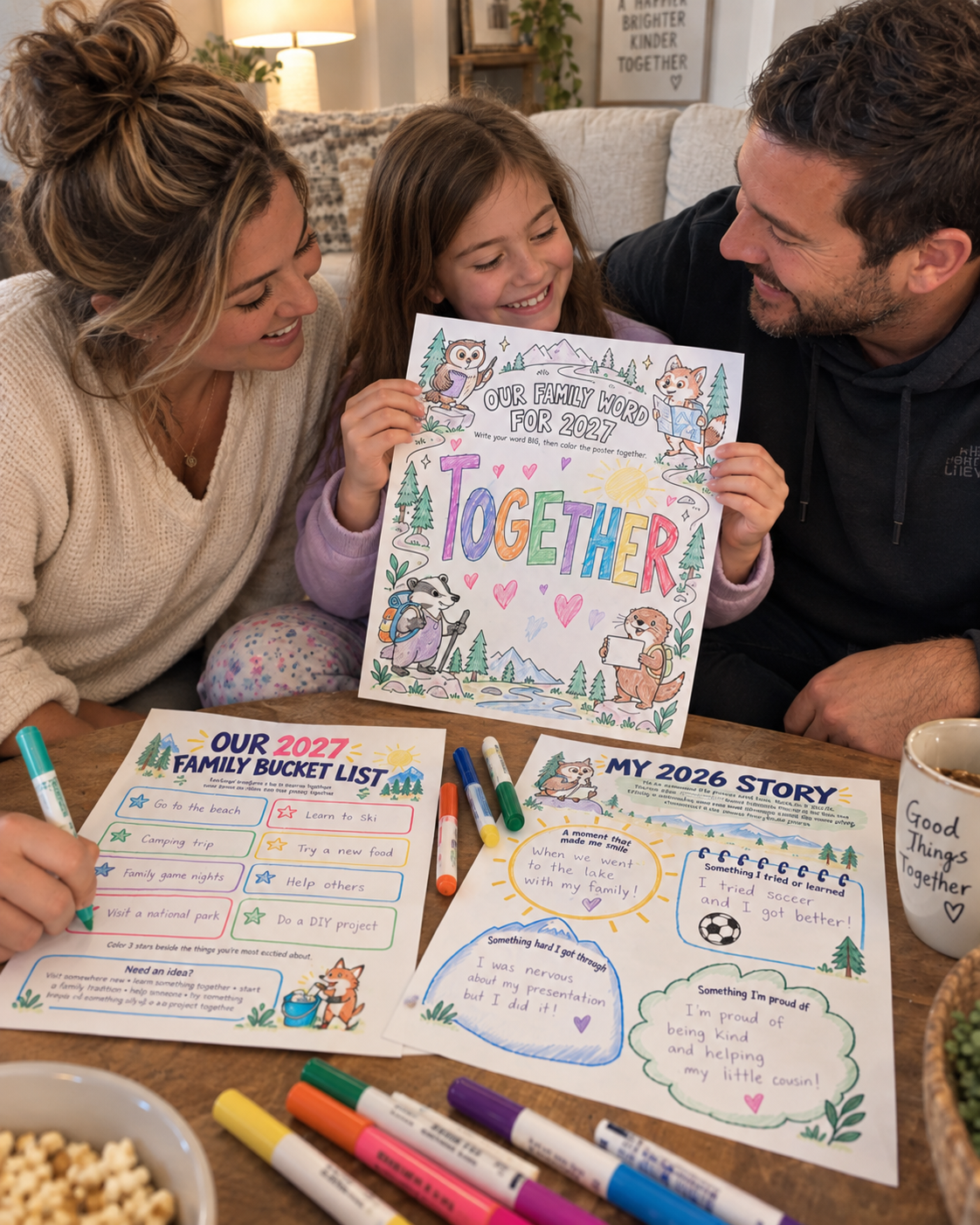 A family of three smiles while working on colorful family activity sheets at a wooden table.