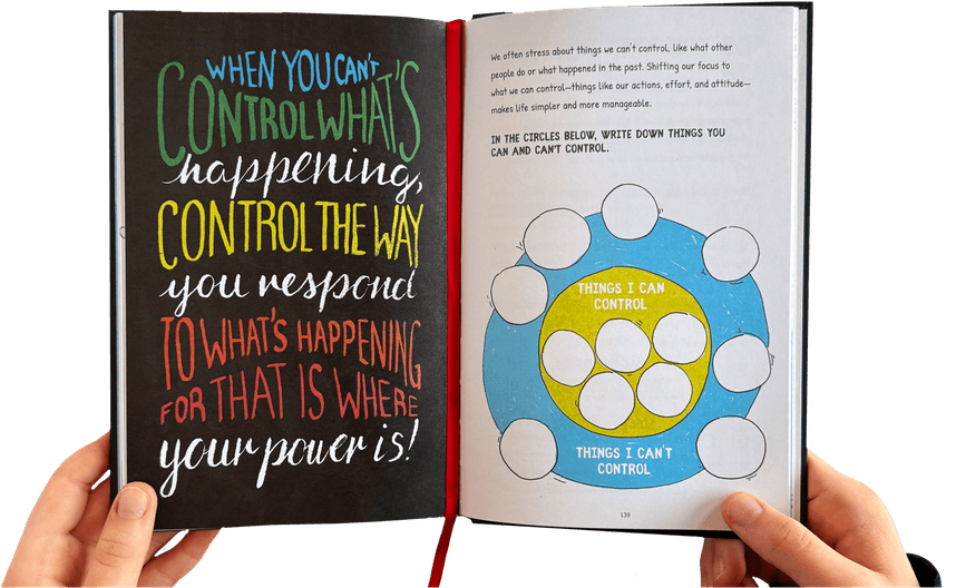 An open book with an inspirational quote on one page and an activity on the other.