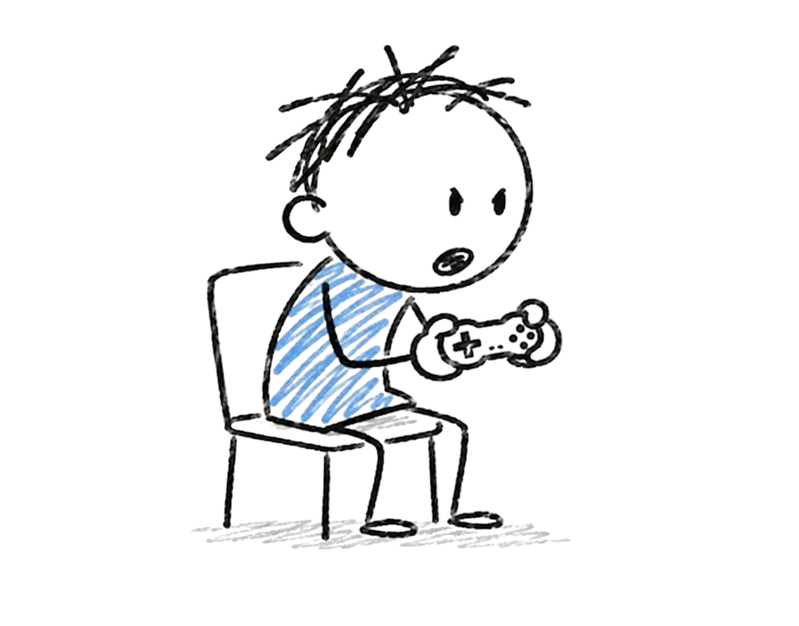 A simple line drawing of a person in a blue shirt sitting in a chair, playing a video game.