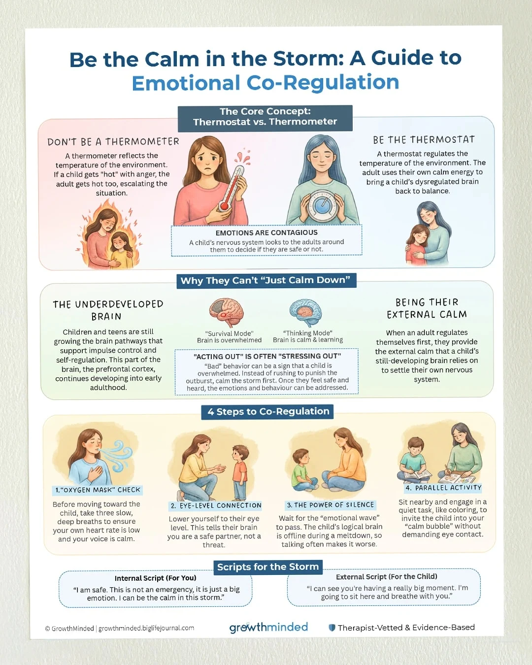 An infographic titled 'Be the Calm in the Storm: A Guide to Emotional Co-Regulation' with illustrated examples.