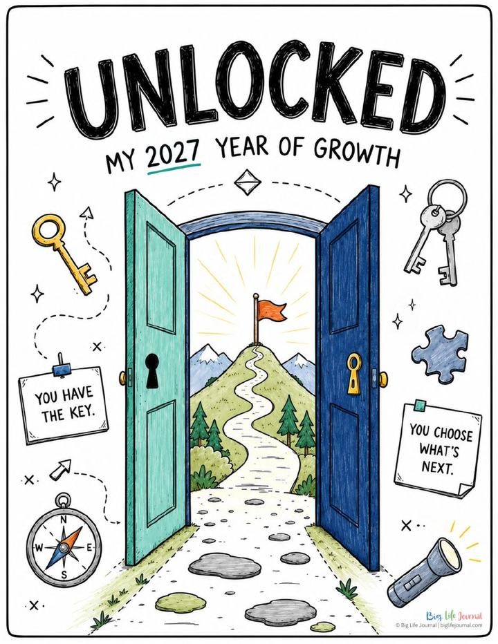 An illustration of open doors revealing a path up a mountain, titled 'Unlocked: My 2027 Year of Growth'.
