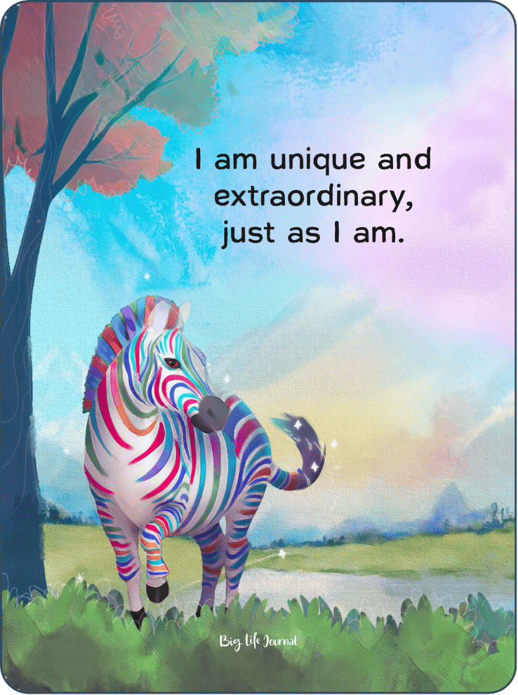 A rainbow-striped zebra stands in a field with the text 'I am unique and extraordinary, just as I am.'