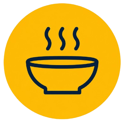 An icon of a steaming bowl of food on a yellow circular background.
