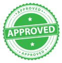 A green circular seal with a serrated edge, featuring the word 'APPROVED' multiple times.