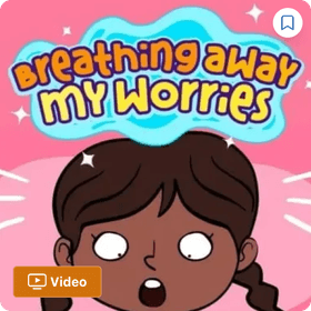 A cartoon illustration of a girl with the words 'breathing away my worries' in a cloud above.