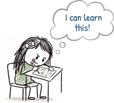 A cartoon girl sits at a desk, determinedly working, with a thought bubble saying 'I can learn this!'