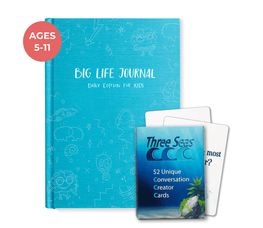A blue Big Life Journal for kids shown with a deck of Three Seas conversation cards.
