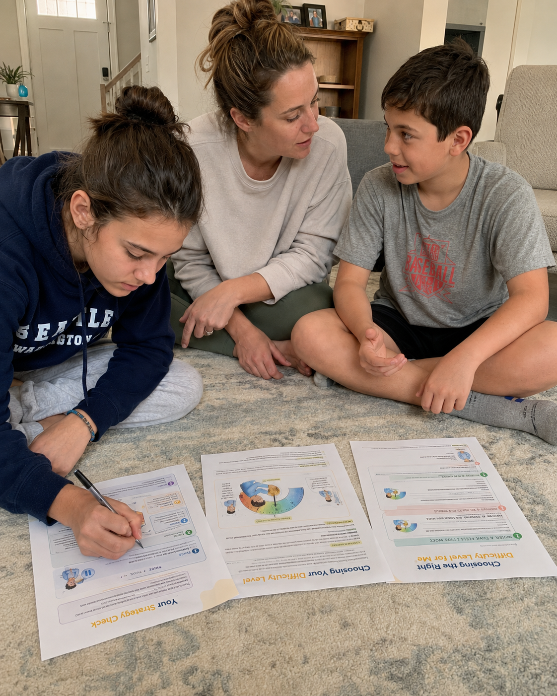 A woman and two children sit on a rug on the floor, looking at worksheets together.