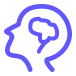 A purple line icon of a human head in profile with a brain visible inside.