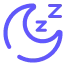 A purple icon of a crescent moon with Z's, symbolizing sleep.