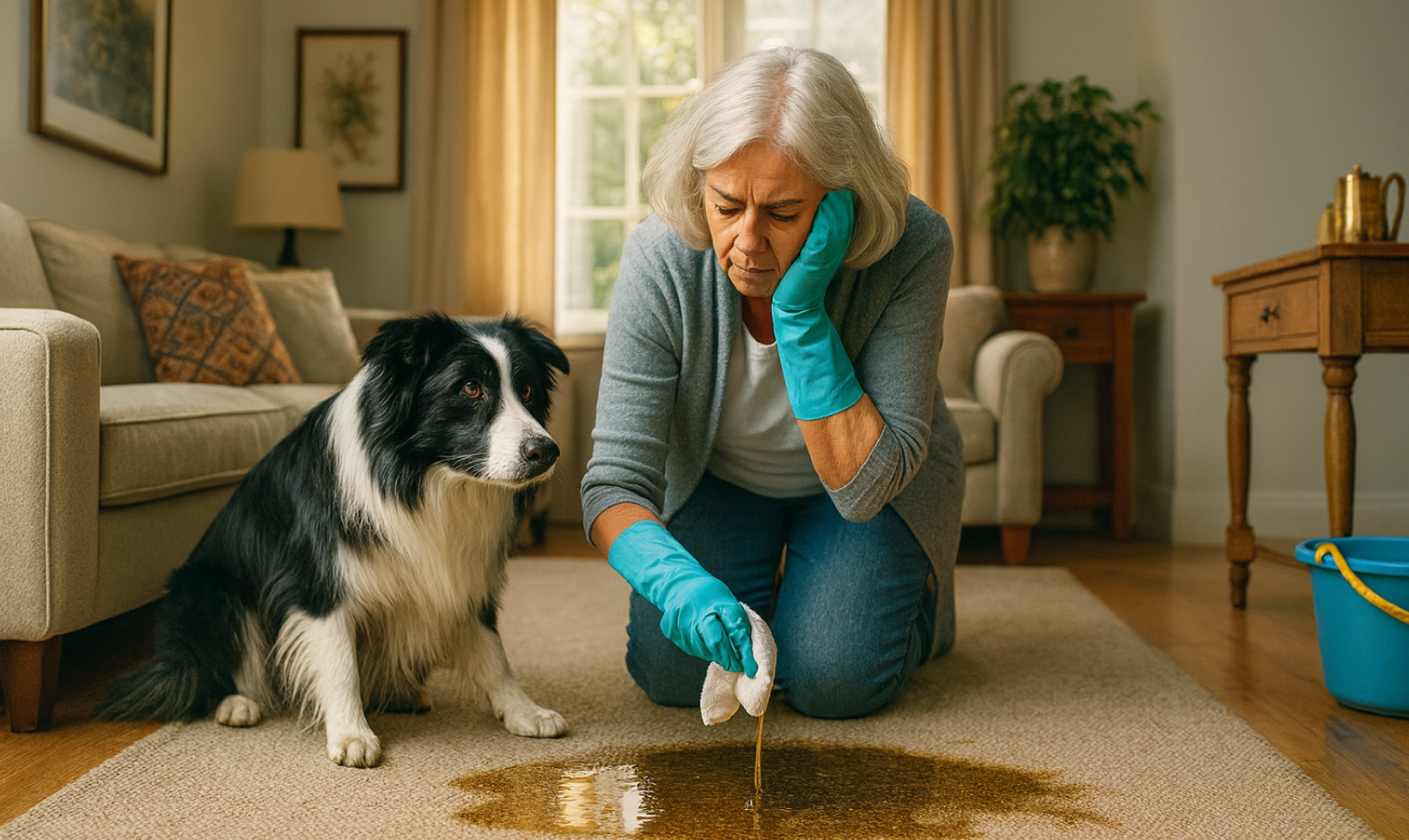 Woman cleaning carpet spill with dog nearby in living room.