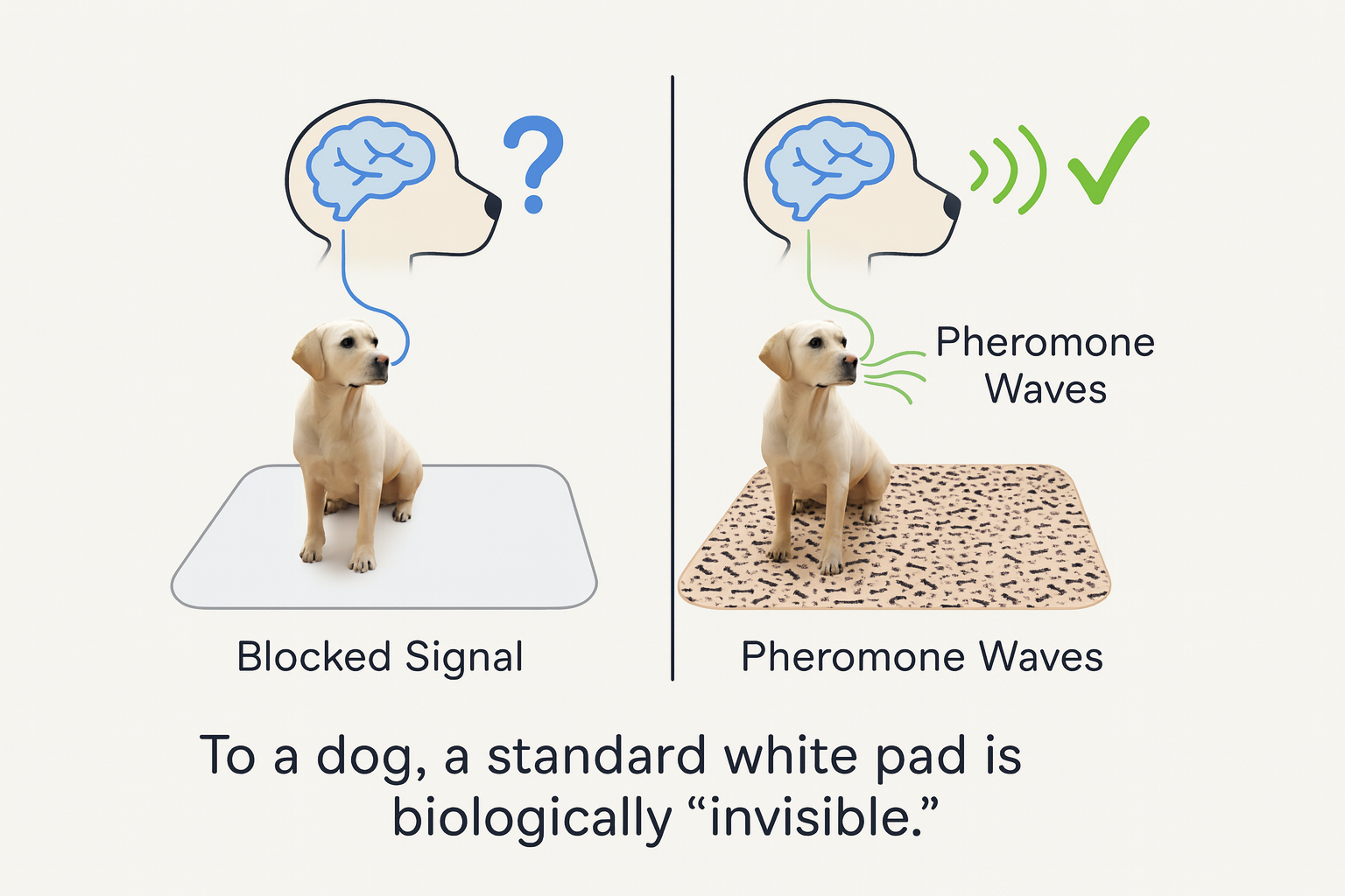 Illustration comparing dog's response to standard and pheromone-scented pads.