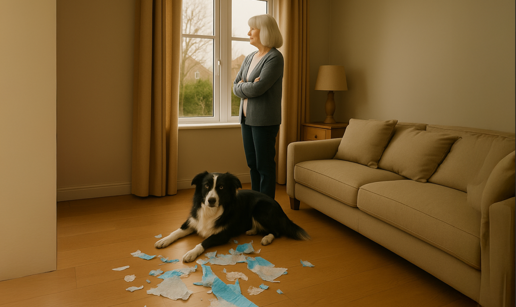 Woman stands by window, dog lying on floor with torn papers.