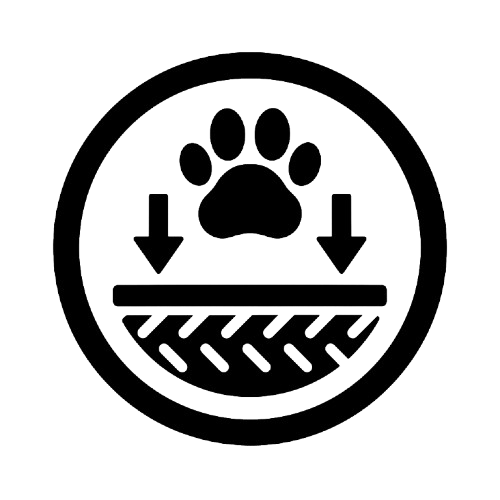 Icon with a paw print, arrows, and textured surface inside a circle.