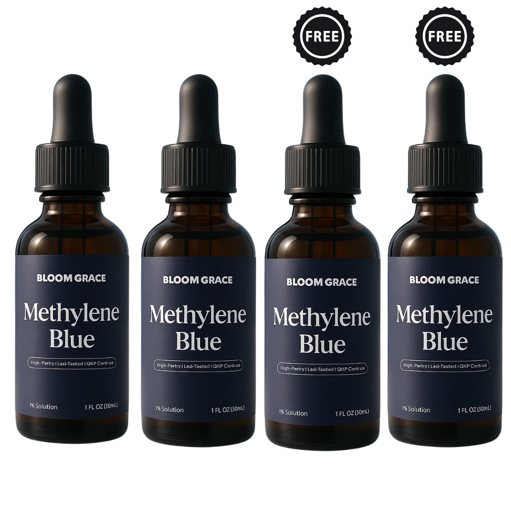 Four bottles of Methylene Blue with droppers, labeled 'Bloom Grace.'