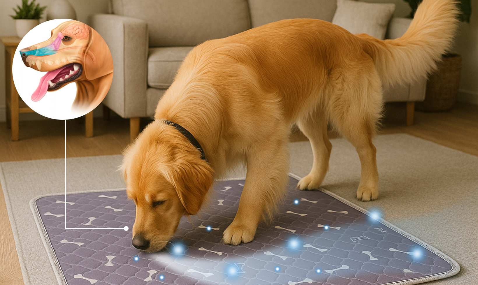 Golden retriever sniffing a mat with glowing blue dots.
