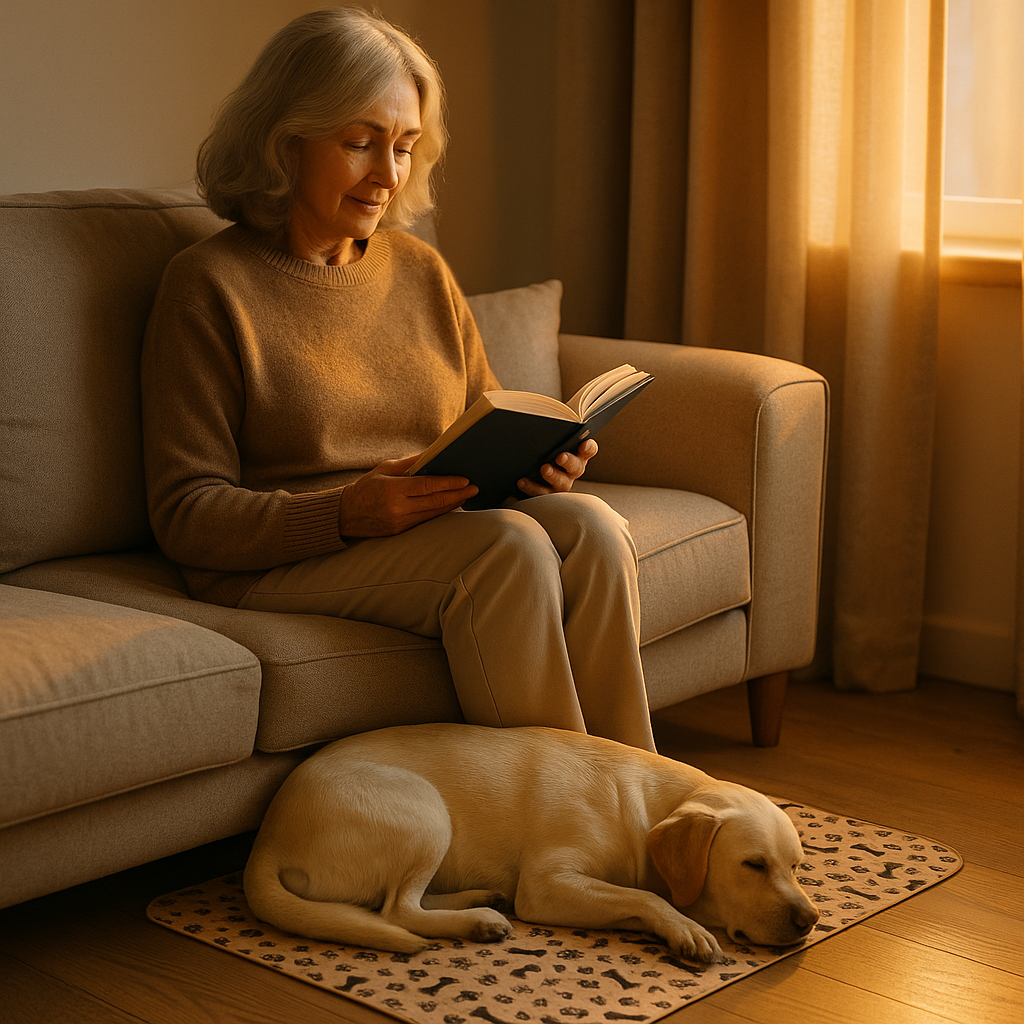 Woman reading a book on a couch with a dog sleeping nearby.